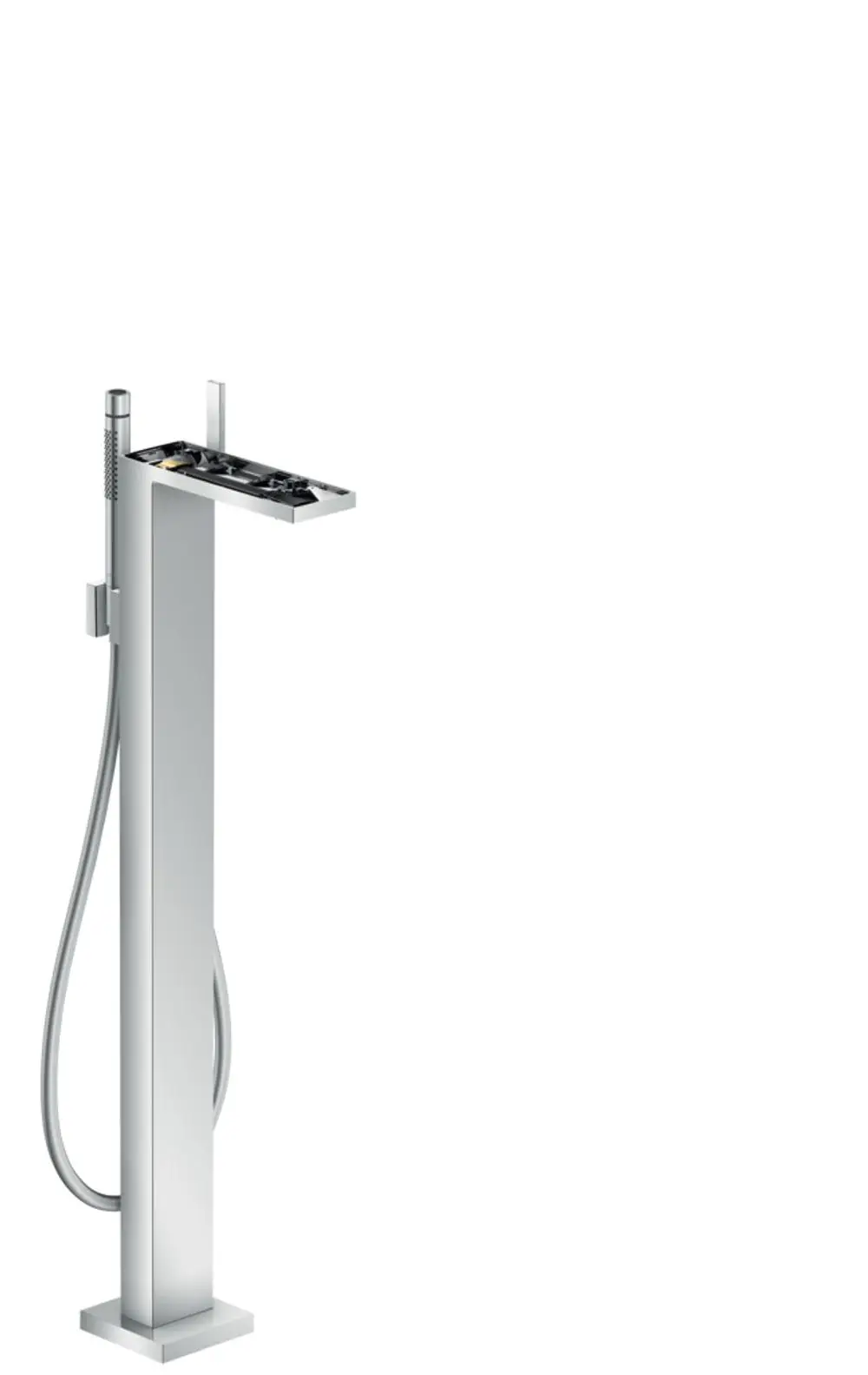 Bodenstehender Einhebel-Wannenmischer aus Chrom von AXOR mit integrierter Handbrause, geradlinigem Design und quadratischer Basis ohne herausnehmbare Platte.